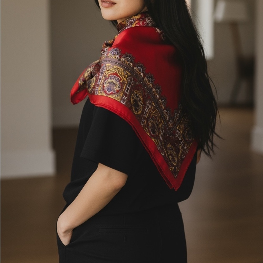 VTG 60s Queen Pearl by Yamashita Brand Acetate Silky Scarf Headscarf Paisley Red - Picture 3 of 14